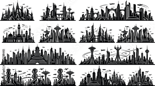 Fotografie Futuristic city skyline vector silhouettes set with modern sci fi buildings and