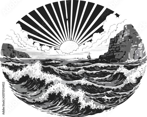 Vintage Ocean Sunrise Seascape Engraving Vector Illustrationn Vector Clip Art.
Vector illustration eps-10