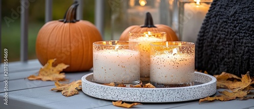 Autumn candles and pumpkins on a tray