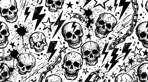 Gothic rock pattern with skulls lightning bolts and grunge stars