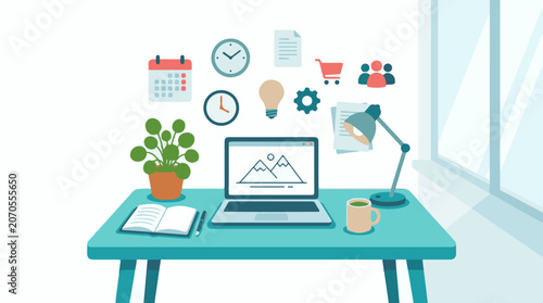 A blue desk with a laptop, lamp, and plant