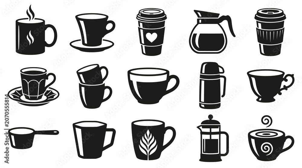 Fototapeta premium Black White Glyph Coffee Icons Set: Cups, Mugs, Takeaway, French Press Beverage Makers for Cafe Drink Industry