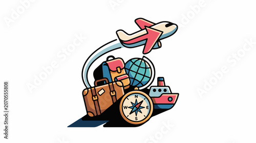A colorful cartoon graphic of travel-related icons