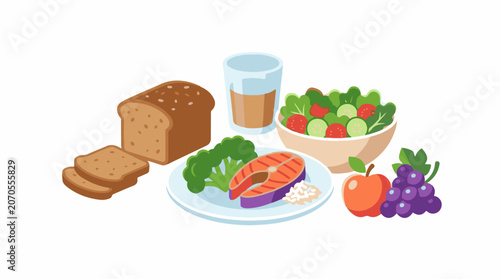 A colorful cartoon illustration of a healthy meal with bread, fish, salad, and fruit