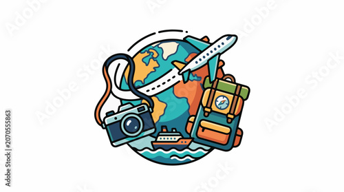 A colorful cartoon illustration of a globe with a plane, camera, boat, and luggage