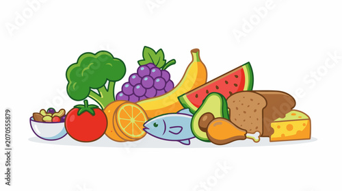 A colorful cartoon illustration of various healthy foods