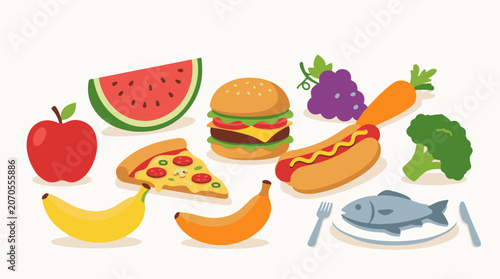 A colorful cartoon illustration of various food items (4)