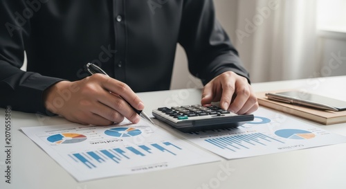 Business professional analyzing financial data with calculator and pen on reports