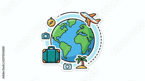 A colorful illustration of a globe surrounded by travel-related icons (13)