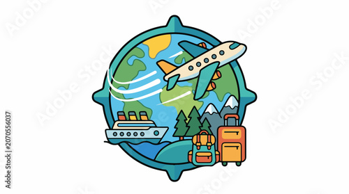A colorful illustration of a globe with an airplane, ship, and luggage on a white background
