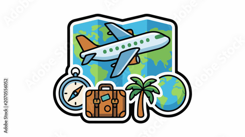 A colorful illustration of a plane flying over a map with a suitcase, compass, and palm tree