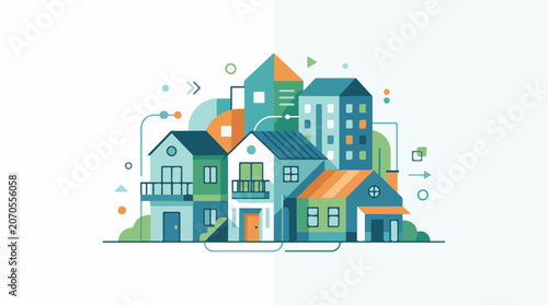 A colorful illustration of a neighborhood with various houses and buildings