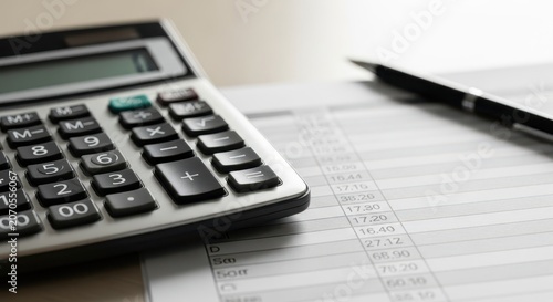 Close-up of a calculator and pen on financial documents, perfect for business and accounting tasks