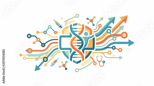 A colorful illustration of DNA, syringes, and medical symbols with arrows