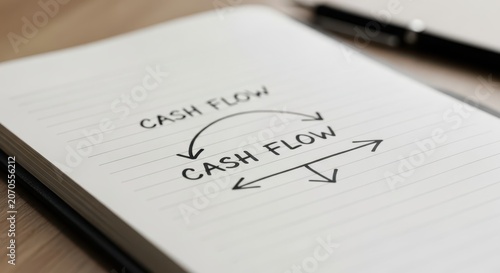 Close-up view of handwritten 'Cash Flow' diagrams on a lined notebook page, illustrating financial concepts