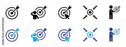 Business Target Achievement Goal Focus Strategy Icons Set. with Bullseye Arrow Marketing Audience Objective and Success Concept Vector Illustration