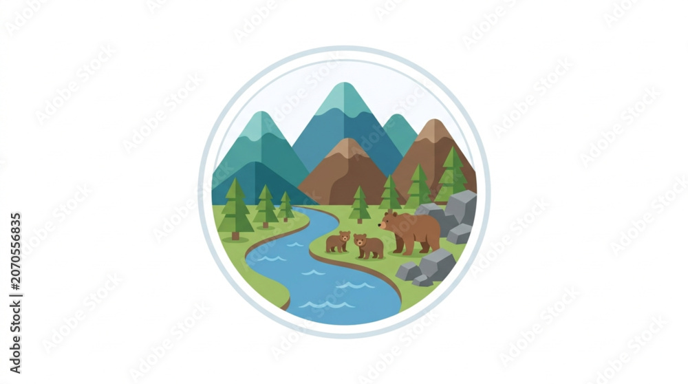 Obraz premium Stylized Mountain Landscape with River and Bear.