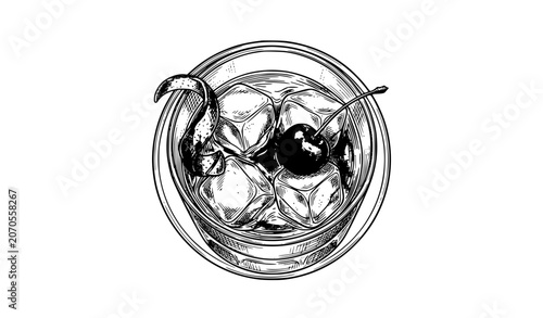 Bild auf Leinwand Vintage Bar Sketch Old Fashioned Cocktail Top View with Orange Peel and Cherry H