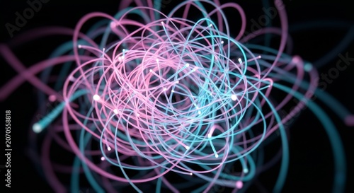 A tangled abstract fiber optic cables glowing with pink and blue lights on a black background