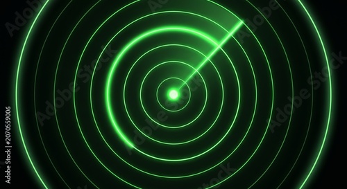 A green neon radar or sonar sweep glowing on a black background with concentric circles and a beam