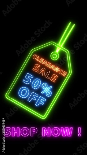 Neon clearance sale sign with 50% off displayed prominently now