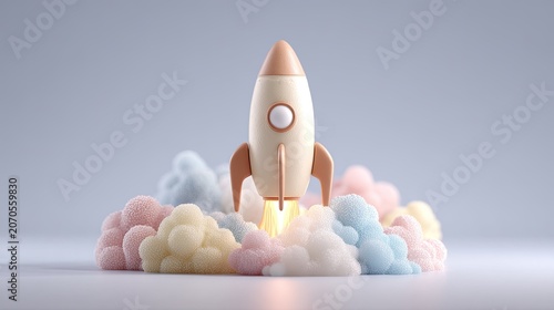 Pastel rocket launching amidst fluffy clouds