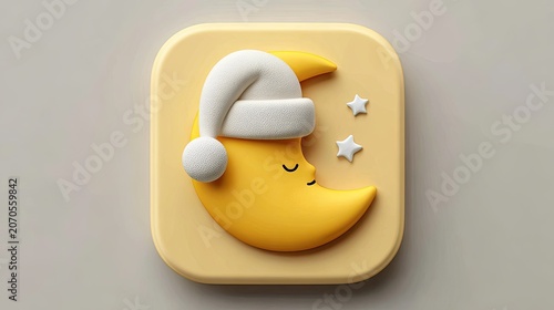 Square icon, yellow crescent moon with sleeping hat