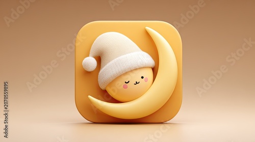 Cute, square, golden app icon, crescent moon, sleeping, hat
