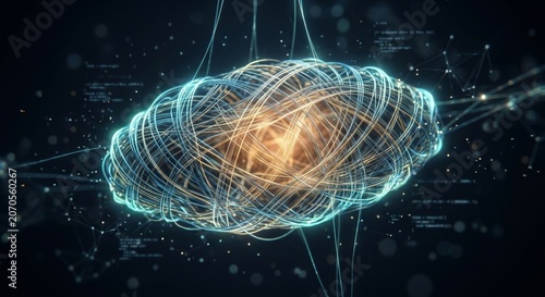 a glowing blue and orange abstract 3D soundwave or frequency visualization with lines and nodes on a dark