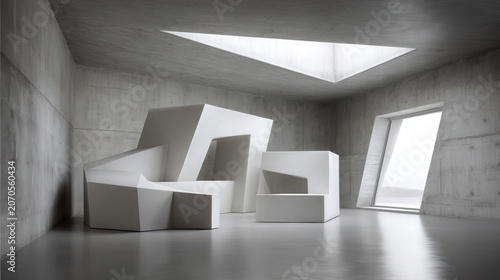 Modern Geometric Sculptures in Minimalist Interior Space