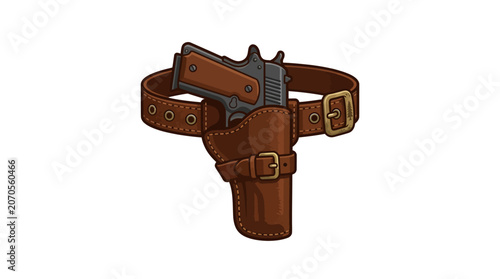Classic Leather Gun Holster with Pistol on Belt, Western Style