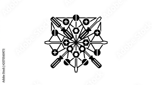 Fotografía Symmetrical pattern of tools and fasteners arranged in a star shape