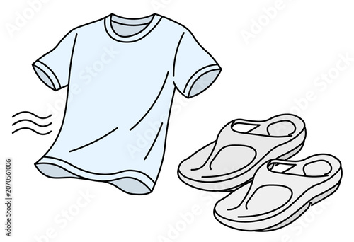 Sportswear T Shirt and Sandals Apparel Set for Fitness Training Running Activities and Athletic Clothing Product Presentation Line Art Illustration