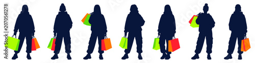 urban streetwear girl silhouettes with neon shopping bags