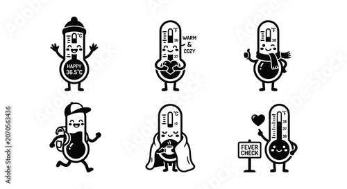Schilderij op canvas Anthropomorphic Thermometers Black Silhouette Vector Illustrations On White Back