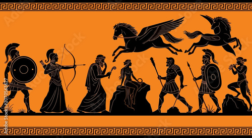 Ancient Greek Warriors and Mythology Scene.
