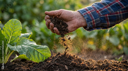 Farmer holding fertile dark soil in hands over garden bed, checking earth quality for healthy plant growth