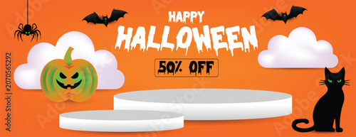 Konstfotografi Halloween sale banner with pumpkin and cat on orange backgroundwith 3d display p