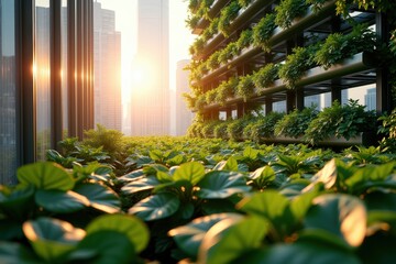 Green Urban Rooftop Garden with City Skylines at Golden Hour Sunset