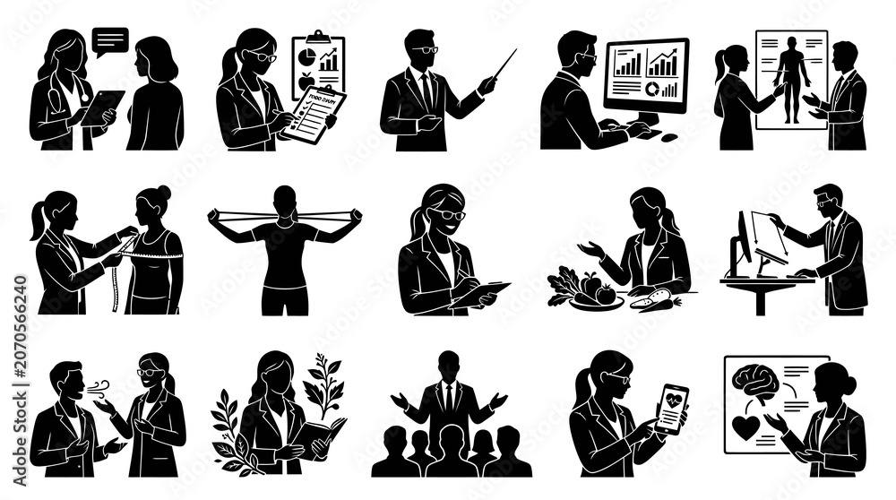Obraz premium Solid Silhouette Glyph Icons of Healthcare, Business Education Professionals for Consulting Wellness