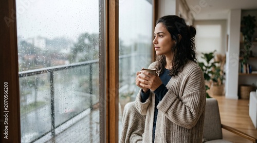 Mulher em ambiente interno aconchegante olhando pela janela com chuva leve de inverno, segurando caneca quente em atmosfera minimalista e confortável