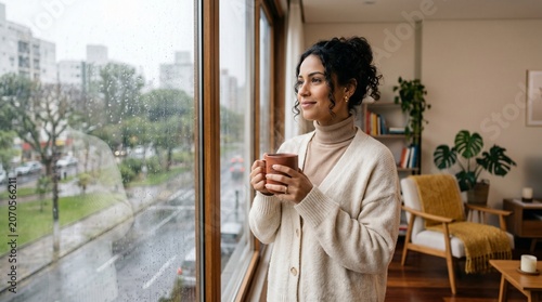 Mulher em ambiente interno aconchegante olhando pela janela com chuva leve de inverno, segurando caneca quente em atmosfera minimalista e confortável