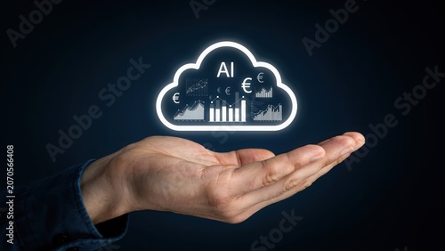A hand holding a glowing cloud with ai artificial intelligence and euro symbols