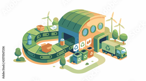 Recycling facility with conveyor belt and truck