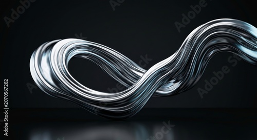 A shiny silver metallic liquid wave forming an infinity loop on a dark background with reflection