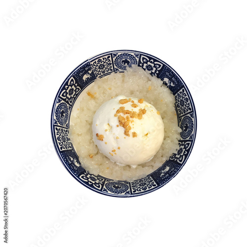Coconut ice cream with sticky rice, top view
