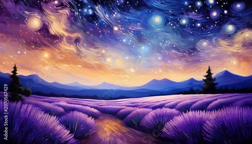 A Dreamy Oil Painting Background Featuring A Field Of Lavender Under A Starry Night Sky