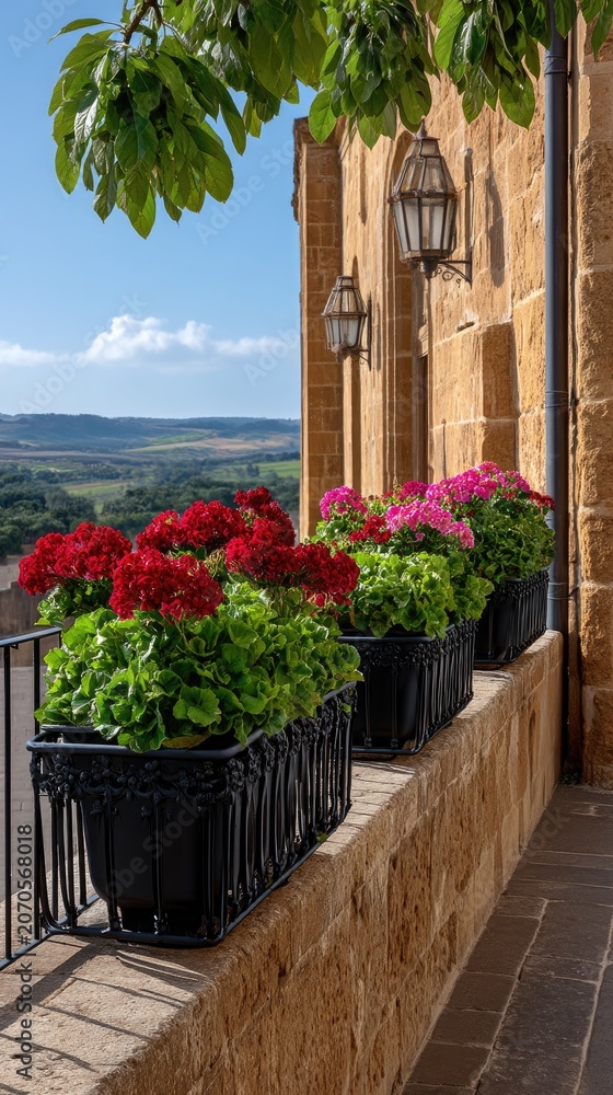 Fototapeta premium Flower boxes on a black metal balcony enhance the historic stone building in bright sunlight with green foliage and a distant landscape