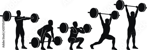 Schilderij op canvas Weightlifting and Powerlifting Silhouette Icon Set with Barbell Exercise Steps f