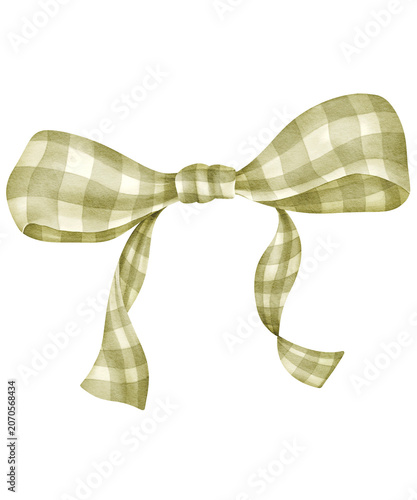 Green gingham ribbon bow watercolor clipart isolated